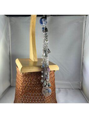 Silver Tone Multi-Chain Keychain Charm With Beads Pearls & Filigree Flower Penda